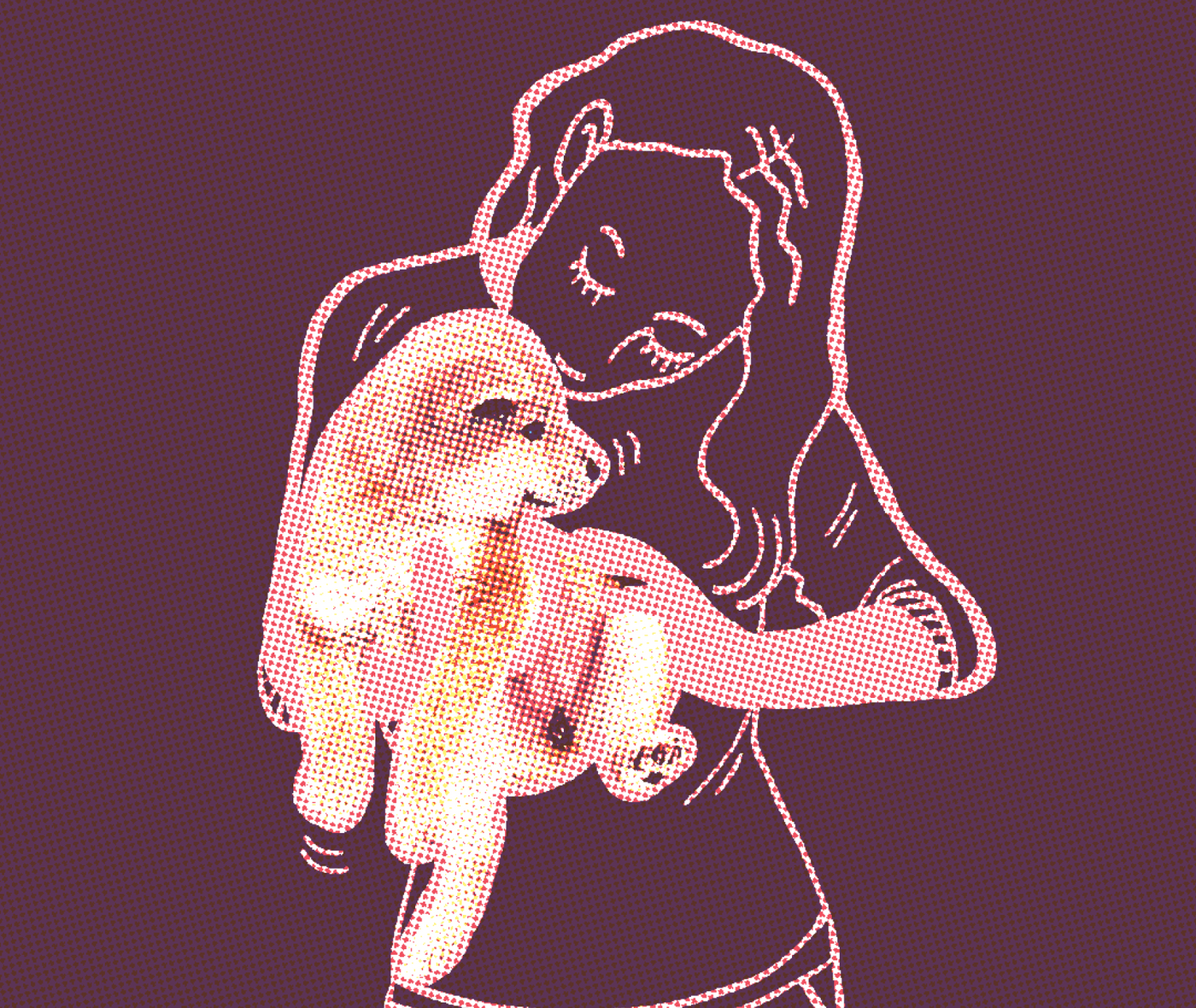 Illustration of Cave Canem's founder holding Mece, the dog who inspired the brand