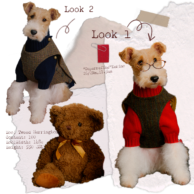 Wire fox terrier in two Cave Canem layered looks: a tweed vest over a navy merino sweater, and a tweed vest over a red merino sweater